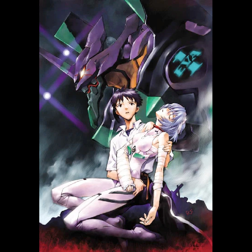 Shinji segura Rei diante da Unidade 01 em arte de Neon Genesis Evangelion